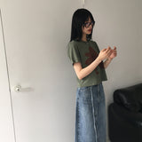 Taps Belt Set Slit Denim Long Skirt