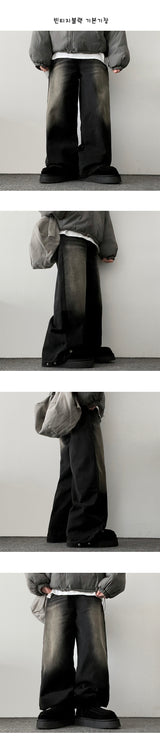 [Fleece lining]linen hem snapwashed wide denim pants-3 Tier Length