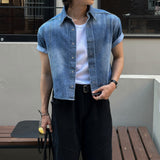 LMN インシジョンクロップドマッスルフィットデニム半袖シャツ (2 colors)