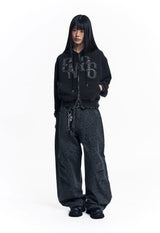 Washed Leather Patch Hooded Zip-Up - Black