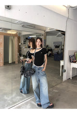 Black Stitch Unbalanced Off-Shoulder Strap Short Sleeve T-Shirt