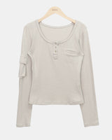 Mute U-Neck Pocket Long Sleeve T-Shirt