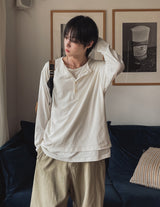 トップツートーンレイヤードヘンリーネックロングスリーブTシャツ