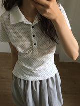 Shirring Dot Collar T-Shirt (3color)