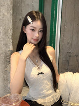Best Lace V-neck Frill Sleeveless T-shirt