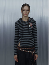 BADGE STRIPE HOODED CARDIGAN / CHARCOAL