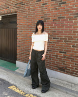 Denti button pintuck shirring long wide cargo pants