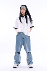 Retro waist hook cut-out denim pants