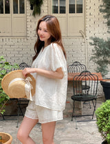 Eyelet Punching Blouse Banding Shorts Set