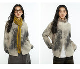 Retro wool blend inkjet printed zippered cardigan sweater