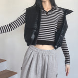 オーデルストライプボタンクロップドフーディドTシャツ