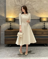 Deels Boat-Neck Puff Three Quarter Flare Long One Piece