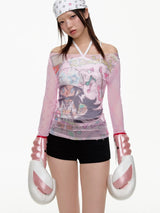BETWEENANDx sunonebird a joint Millennium dream powder stitching gauze long-sleeved female niche collar shirt