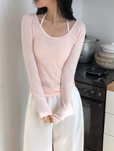 ナチュラル アイレット レイヤード ユーネック ティーシャツ (4color)