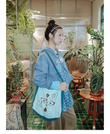 UnsocialNight original literary retro versatile カジュアル イラストプリントワンショルダークロスボディバッグ for women