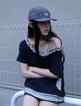 STRIPE FRILL OFF-SHOULDER(NAVY)