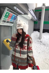 レッド スノー ストライプ フードニットジップアップ