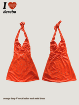 orange deep V-neck halter neck mini dress