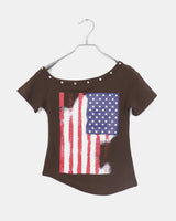 リチンアメリカンフラグスタッドリベットオフショルダー半袖Tシャツ