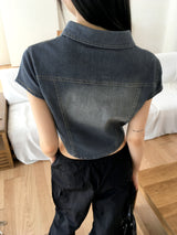 Markle Pocket Slim Washed Crop Denim Short Sleeve Shirt