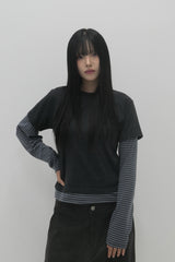 レイヤードストライプクロップTシャツ チャコール