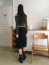 Seble one-ショルダーアンバランスストラップストライプロングスリーブTシャツ