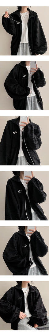 Baggle Oversized Corduroy Embroidery High-Neck Zip-Up