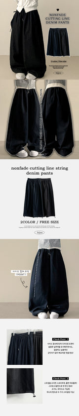Itku Nonfade Side Slit Line Banding Denim Wide Pants