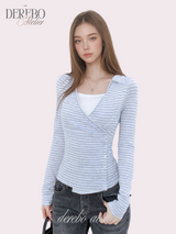 グレー Vストライプ ラップ ロングスリーブ Tシャツ