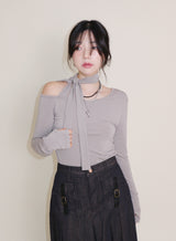 (起毛Tシャツ)ユーレン ワンショルダーリボンタイ 長袖ウォーマーTシャツ