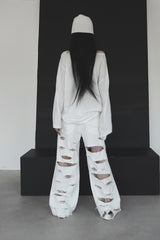 [unisex]レーザーダメージワイドデニム