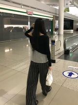 サンデー ホーム ストライプ ラウンジ ボタン ワイドパンツ