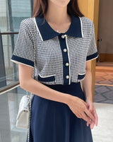Carson Collar Color Matching Check Knit Cardigan