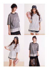 レースストライプミックススリムフィットTシャツ