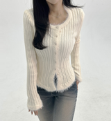 WOOL-BLEND♥ファーディテールチューリップUネックスリムニットリブカーディガン - 3 COLOR