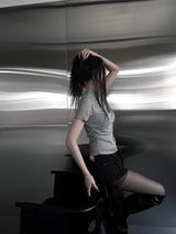 mock neck shirring short sleeve (3color)