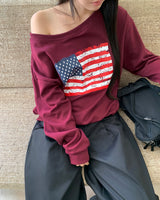 Murhit American Flag Printed One-Off Shoulder Long Sleeve Sweatshirt