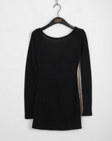 Tirit back slit cross strap punching U-neck off shoulder long sleeve T-shirt