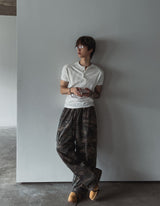 Rib shawl patch henley neck short sleeve t-shirt