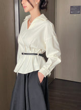 Doberin Open Collar Pintuck Blouse (Belt Set)