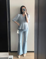 Lua V-neck Peplum Three Quarter Blouse