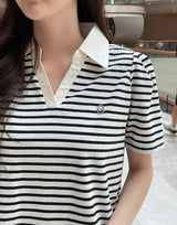 ヘデンオープン襟付きボーダーパフ半袖Tシャツ