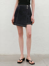 (SK-5033)UNBALANCED WRAP DENIM MINI SKIRT