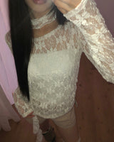 Diven Flower Pattern Sheer Lace Blouse Set