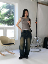 Rosen Washed Denim Long Wide Pants