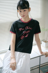 26SS★ チェリーキャッツクロップリンガー半袖Tシャツ