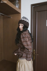 wool cotton shirring checkered long-sleeved shirt
