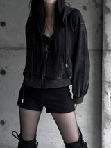 back cubic semi-crop hooded zip-up