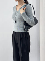 Ciar Collar V-Neck Slit Ribbed Long Sleeve Knit