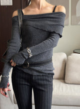 Unbalance cutting off shoulder knit(3color)
